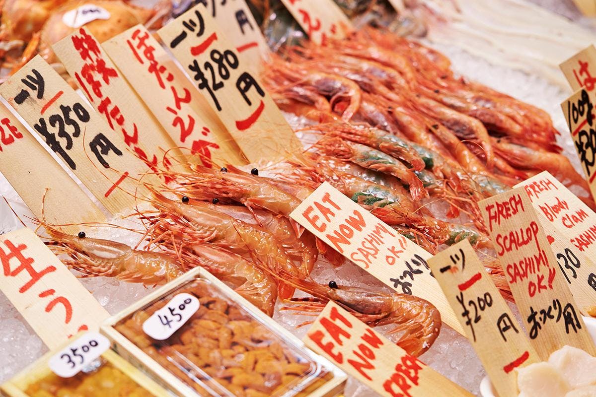 Seafood for sale at Toyosu market in Tokyo